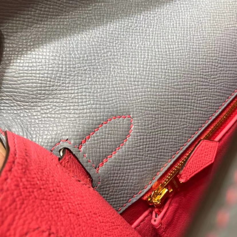 爱马仕拼色凯莉包 Hermes Kelly28CM 冰川蓝拼唇膏粉Epsom牛皮 金扣