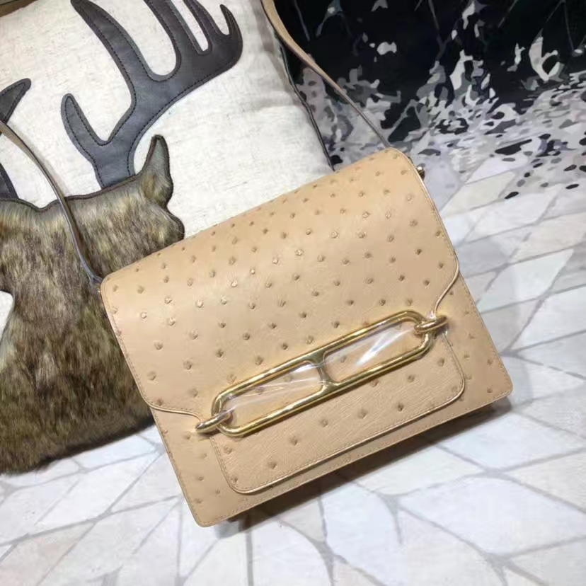 Hermes Roulis24CM 爱马仕羊毛白进口南非鸵鸟皮猪鼻子包斜挎女包  金扣