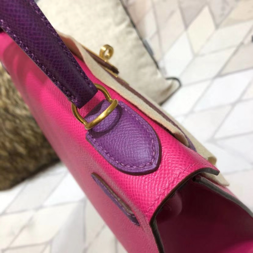 Hermes包包官网 爱马仕玫红拼海葵紫进口Epsom牛皮凯莉包Kelly28CM 金扣