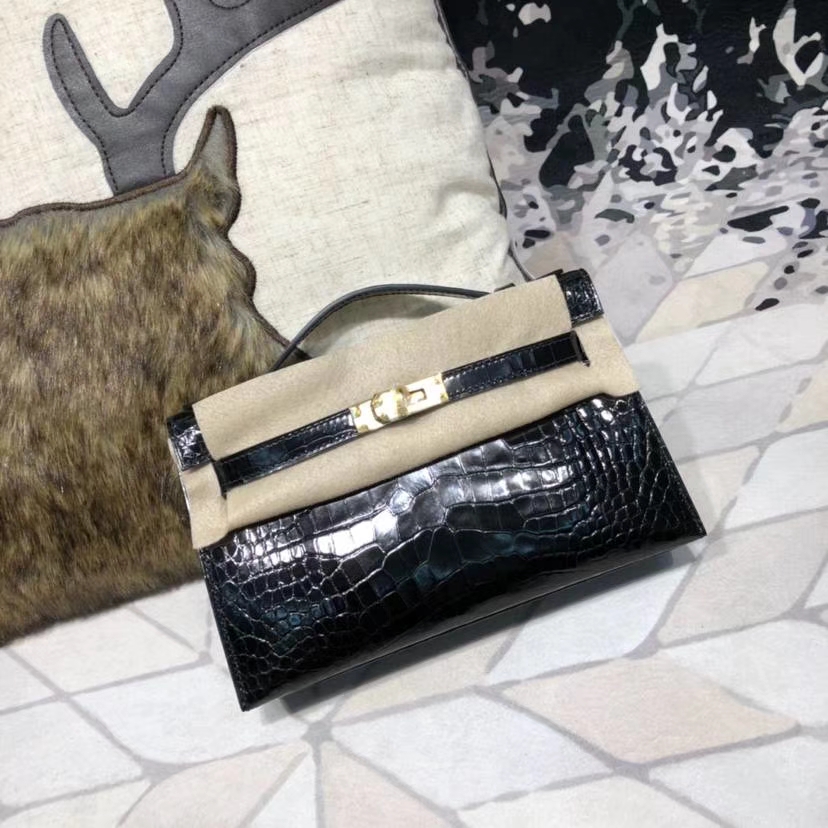 Hermes Mini Kelly 爱马仕黑色美洲鳄鱼皮迷你凯莉包手拿包 金扣