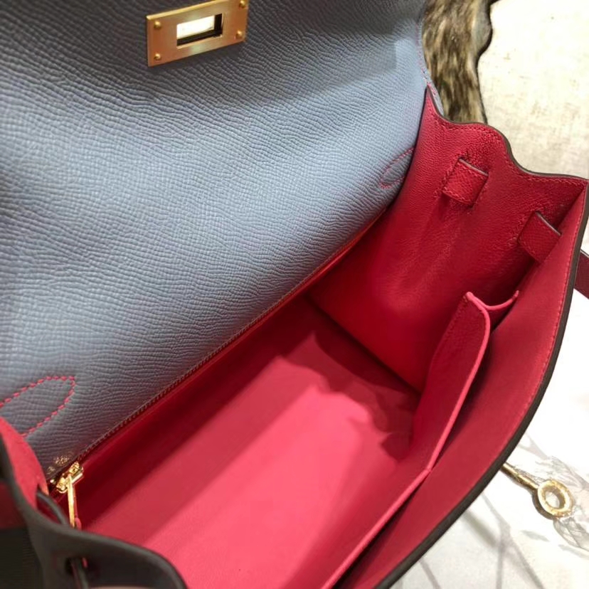 爱马仕拼色凯莉包 Hermes Kelly28CM 冰川蓝拼唇膏粉Epsom牛皮 金扣