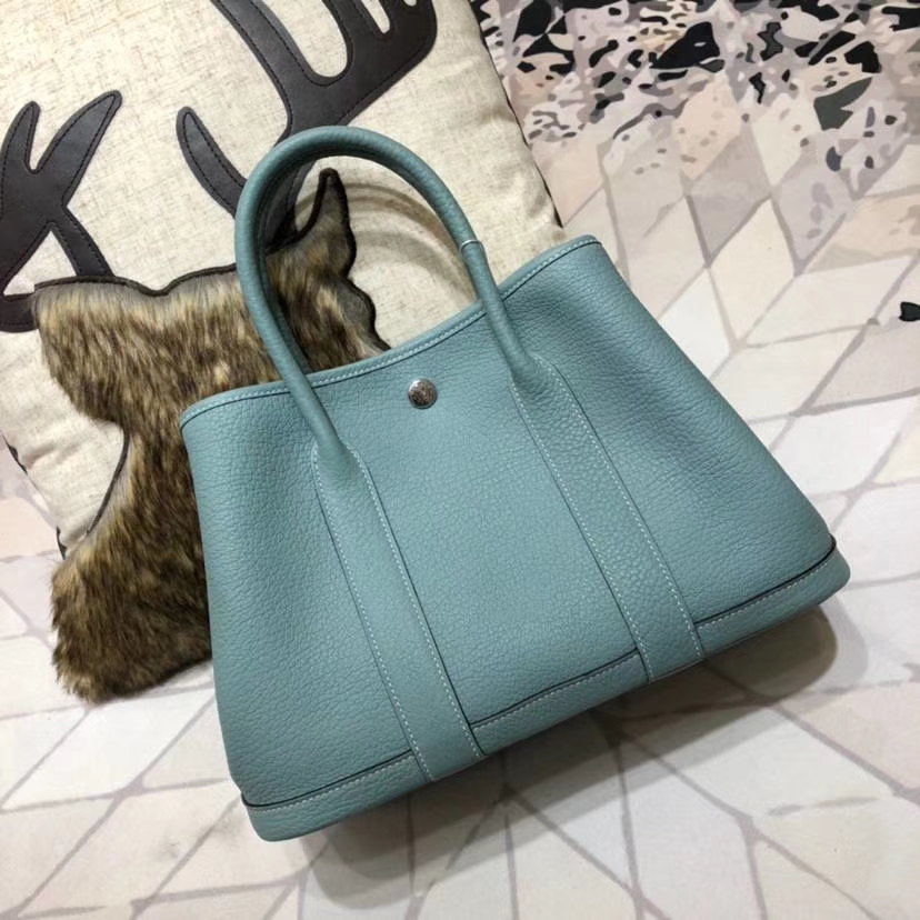 爱马仕女包价格 Hermes Garden Party 亚麻蓝法国小牛皮手提包 银扣