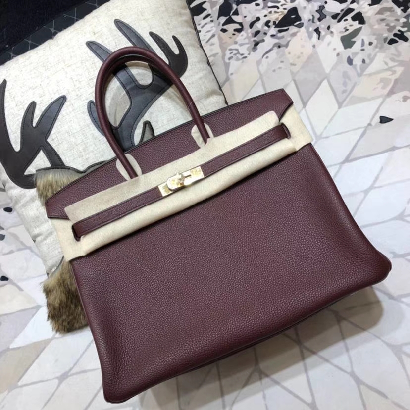 广州白云皮具城 Hermes爱马仕波尔多酒红法国小牛皮Birkin35CM铂金包 金扣