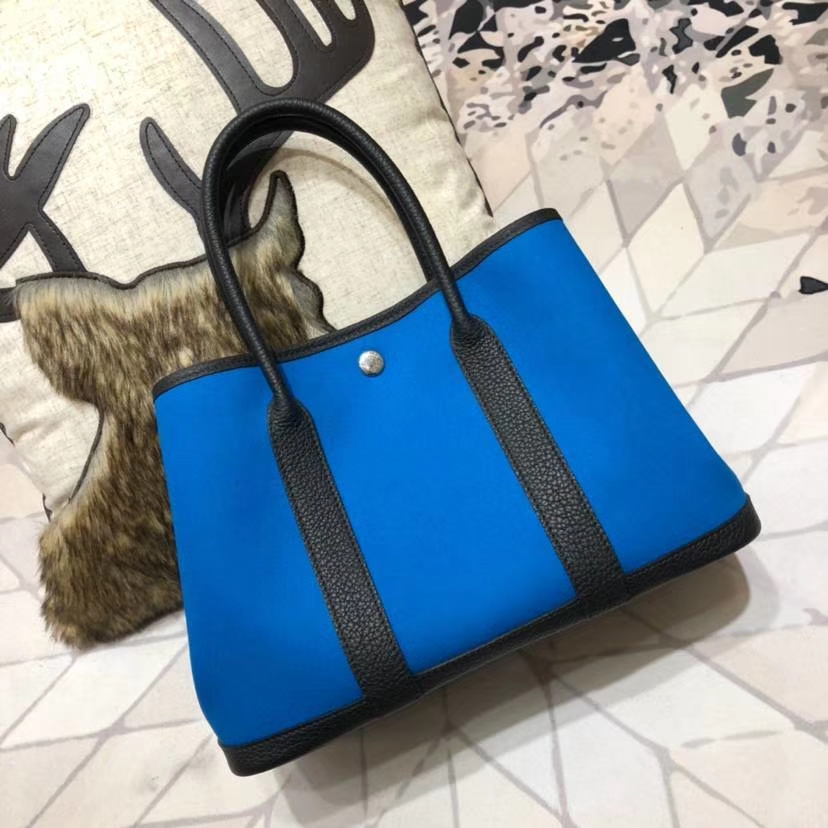 Hermes Garden Party Bags 爱马仕黑色牛皮拼电光蓝帆布女包花园包30CM