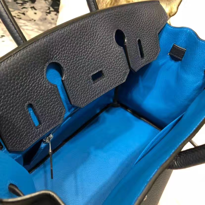 Hermes Birkin30CM 爱马仕午夜蓝Togo牛皮拼希腊蓝Swift皮拼色铂金包 银扣