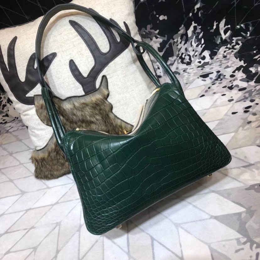 Hermes Lindy30CM 爱马仕孔雀绿亚光尼罗鳄鱼皮琳迪包 金扣
