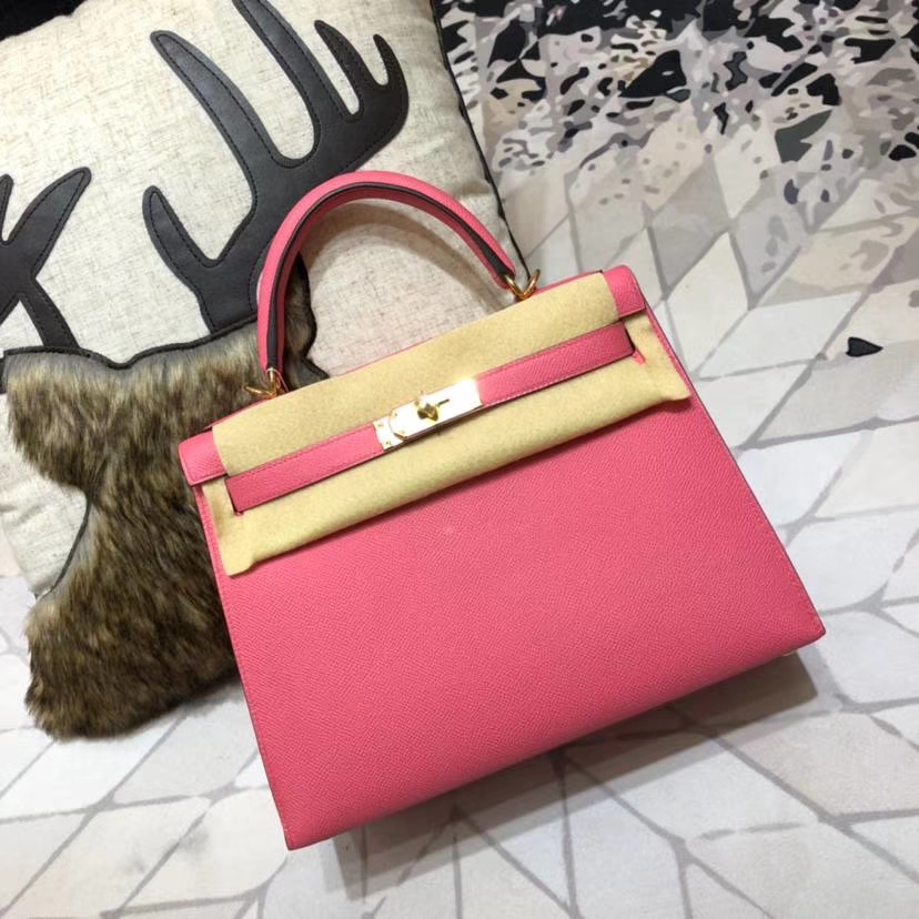 爱马仕包包官网 Hermes Kelly28CM 唇膏粉顶级Epsom牛皮 金扣