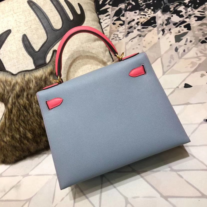 爱马仕拼色凯莉包 Hermes Kelly28CM 冰川蓝拼唇膏粉Epsom牛皮 金扣