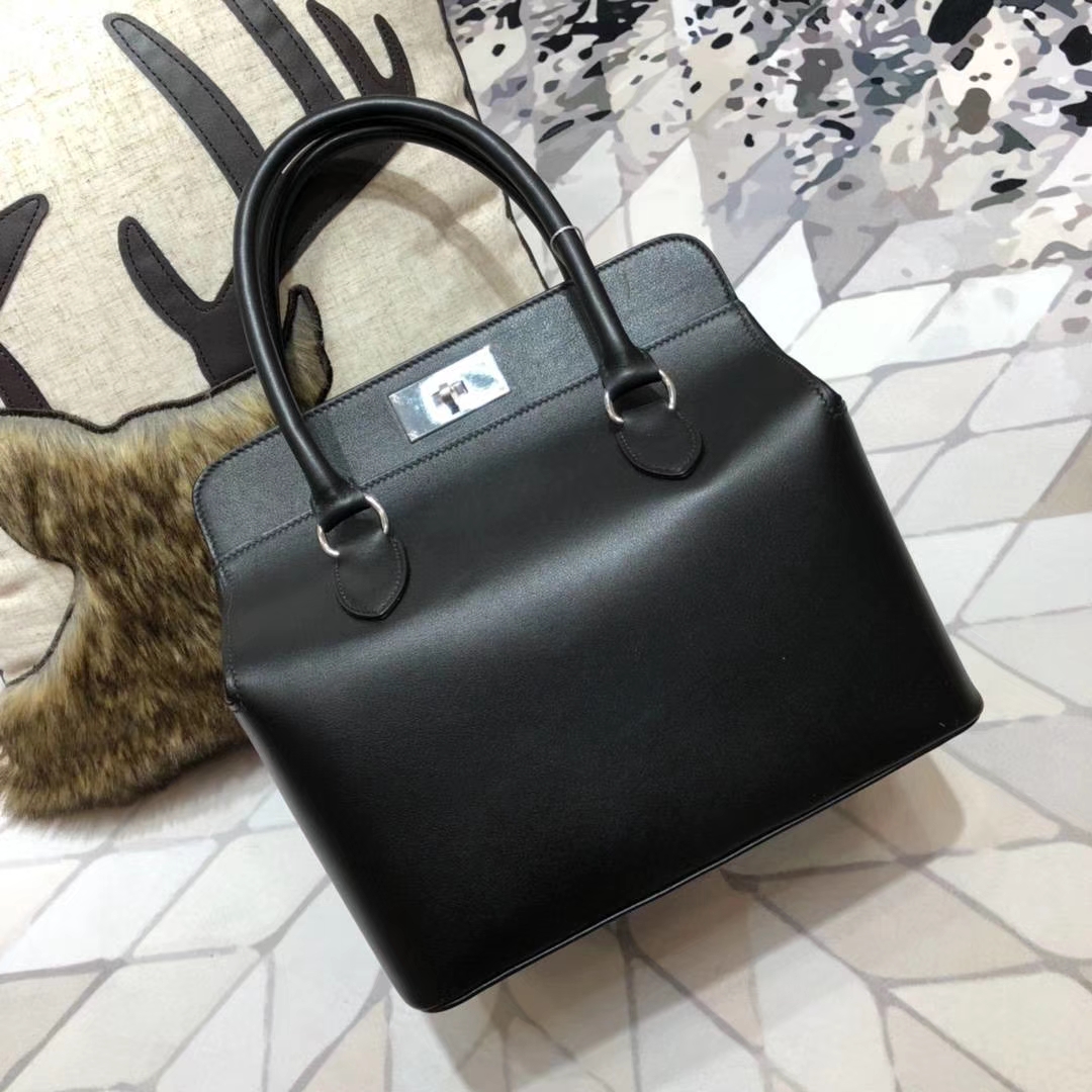 爱马仕牛奶包 Hermes Toolbox26CM 黑色原厂Swift牛皮手提女包 银扣