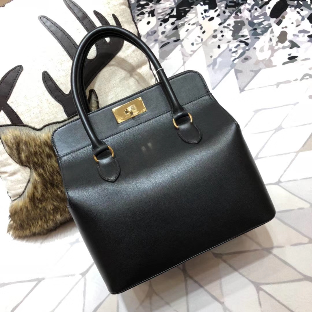 爱马仕女包价格 Hermes Toolbox26CM 黑色swift牛皮牛奶包 金扣
