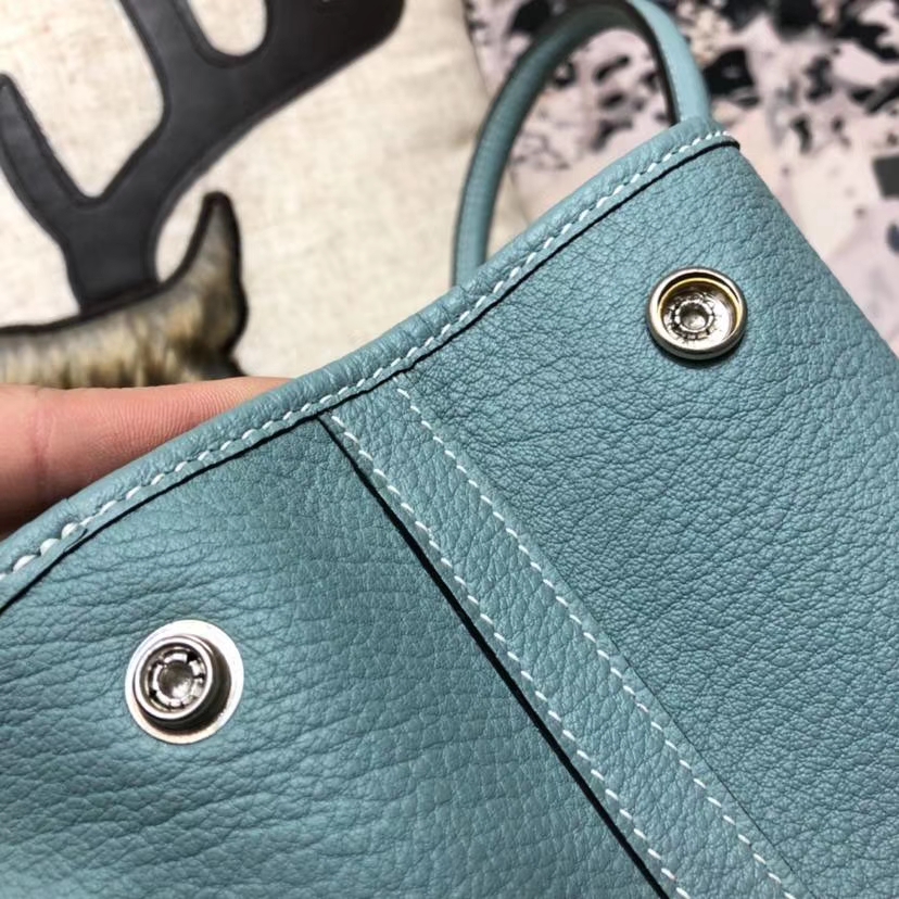 爱马仕女包价格 Hermes Garden Party 亚麻蓝法国小牛皮手提包 银扣