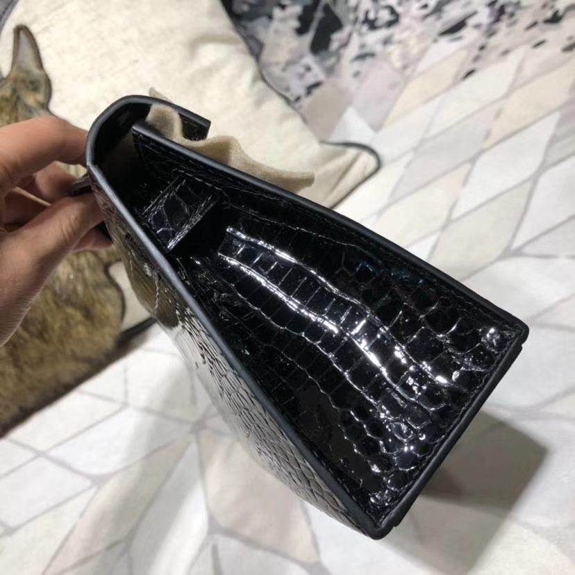 Hermes Mini Kelly 爱马仕黑色美洲鳄鱼皮迷你凯莉包手拿包 金扣