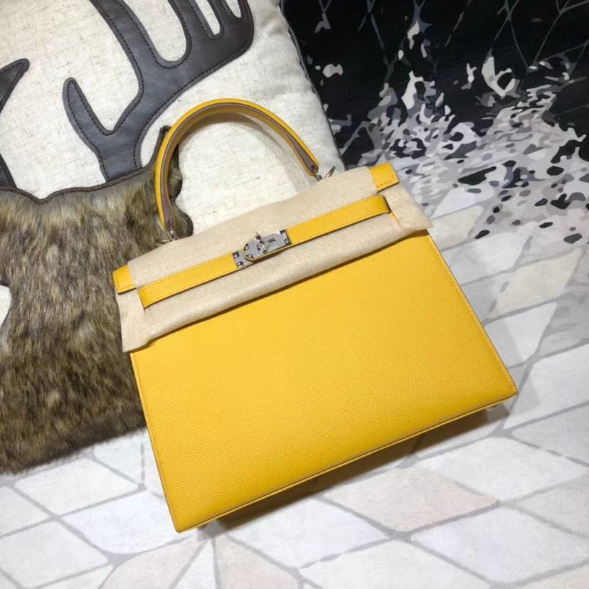 Hermes Kelly25CM 爱马仕琥珀黄原厂Epsom牛皮外缝凯莉包 银扣