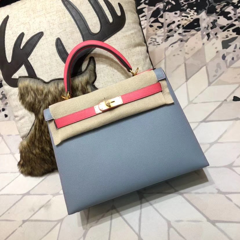 爱马仕拼色凯莉包 Hermes Kelly28CM 冰川蓝拼唇膏粉Epsom牛皮 金扣