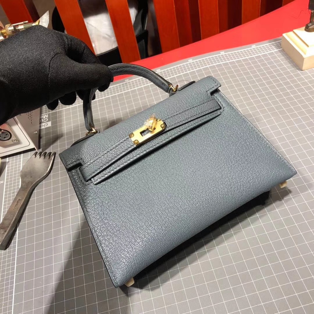 爱马仕迷你凯莉包2代 Hermes Minikelly2代 N7风暴蓝顶级山羊皮 金扣