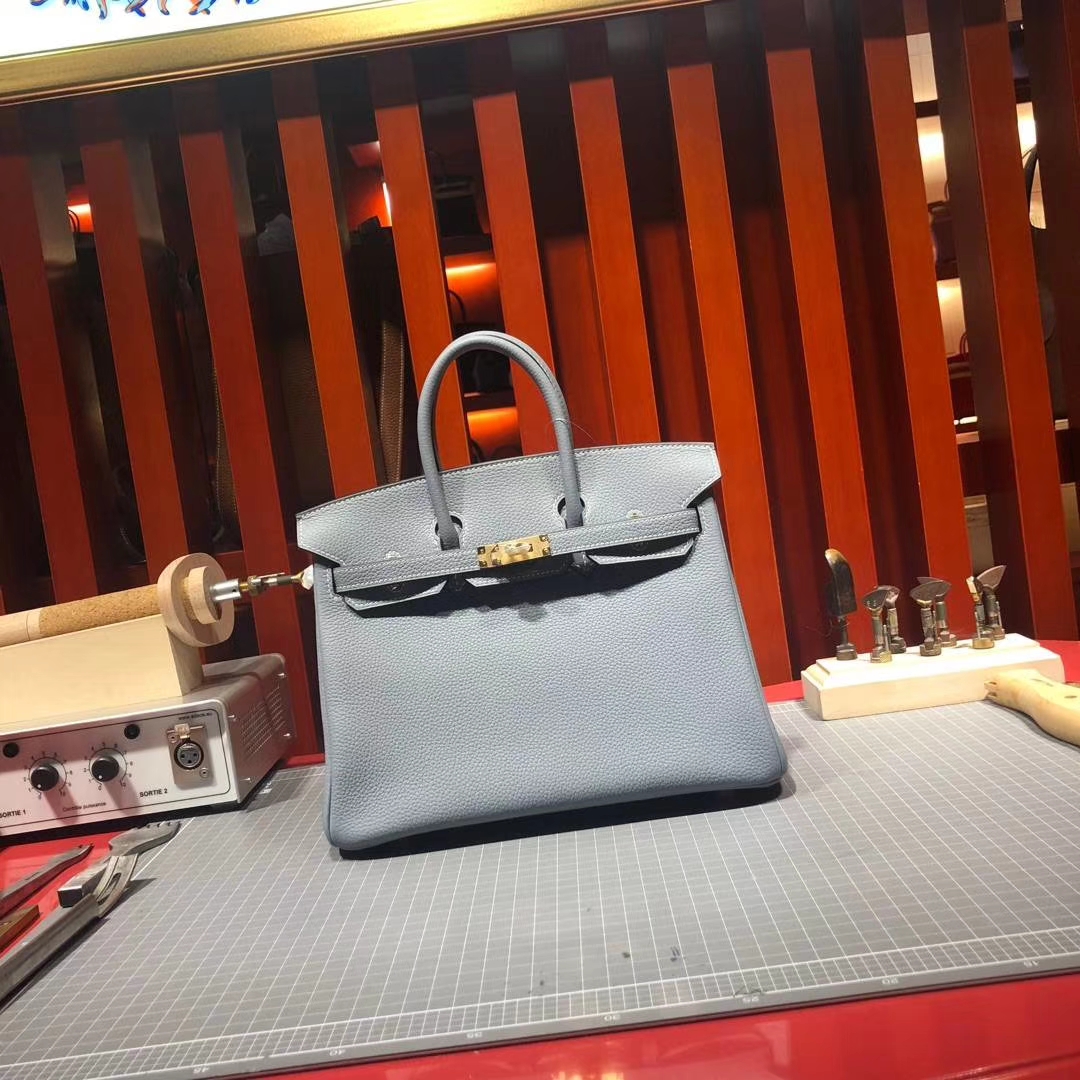 顶级工艺 Hermes爱马仕J7亚麻蓝原厂荔枝纹牛皮Birkin25CM铂金包 金扣