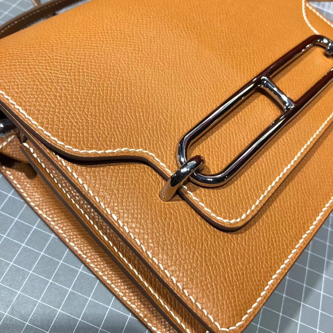 Hermes Roulis19CM 爱马仕CK75金棕色原厂掌纹牛皮猪鼻子包斜挎包 银扣