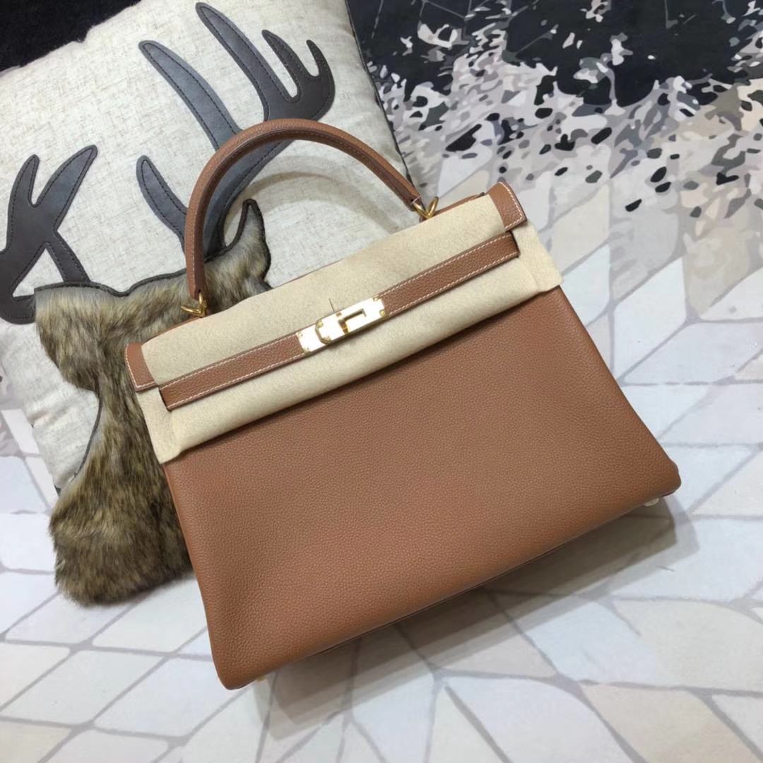 厂家直销 Hermes爱马仕土黄色原厂Togo小牛皮凯莉包Kelly32CM 金扣