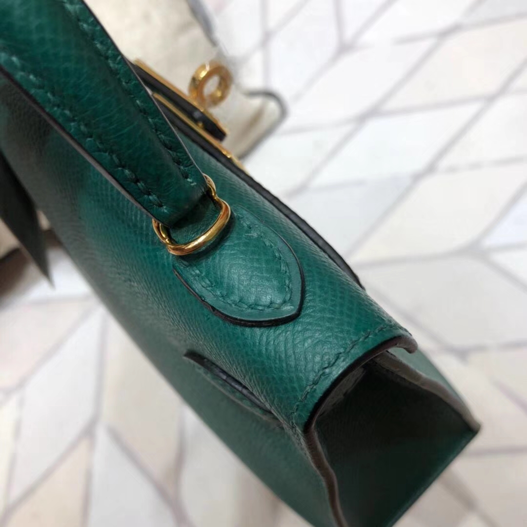Hermes Minikelly2代 爱马仕孔雀绿原厂 御用掌纹牛皮迷你凯莉包2代 金扣