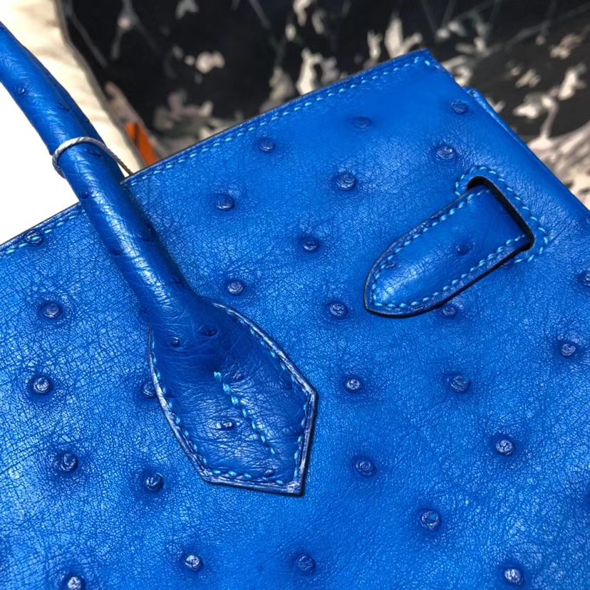 爱马仕包包官网 Hermes Birkin30CM 水妖蓝南非鸵鸟皮铂金包 金扣