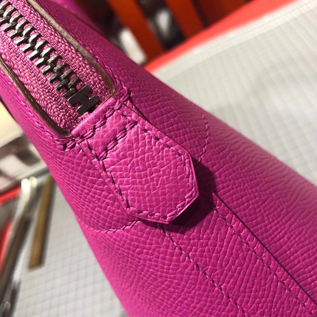 爱马仕新款女包 Hermes Bolide27CM 玉兰粉顶级Epsom牛皮保龄球包 银扣