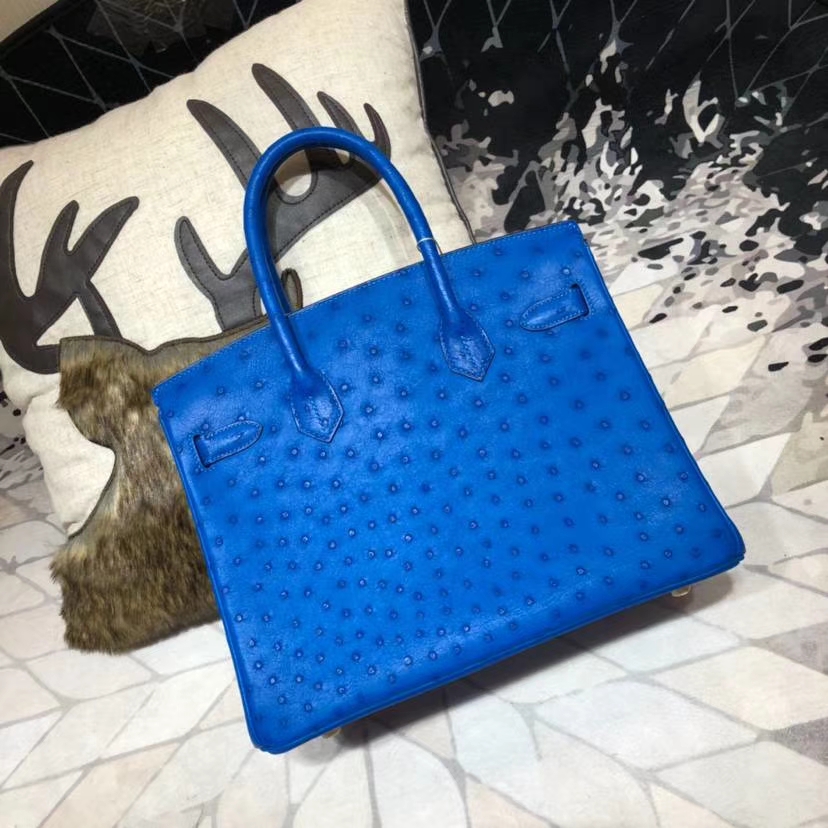 爱马仕包包官网 Hermes Birkin30CM 水妖蓝南非鸵鸟皮铂金包 金扣