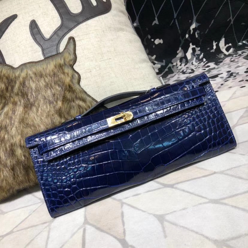 爱马仕晚宴包 Hermes Kelly Cut 电光蓝亮光尼罗鳄鱼皮手拿包 金扣