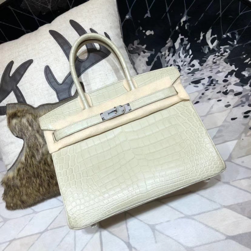 爱马仕铂金包价格 Hermes奶油灰亚光鳄鱼皮Birkin30CM 银扣