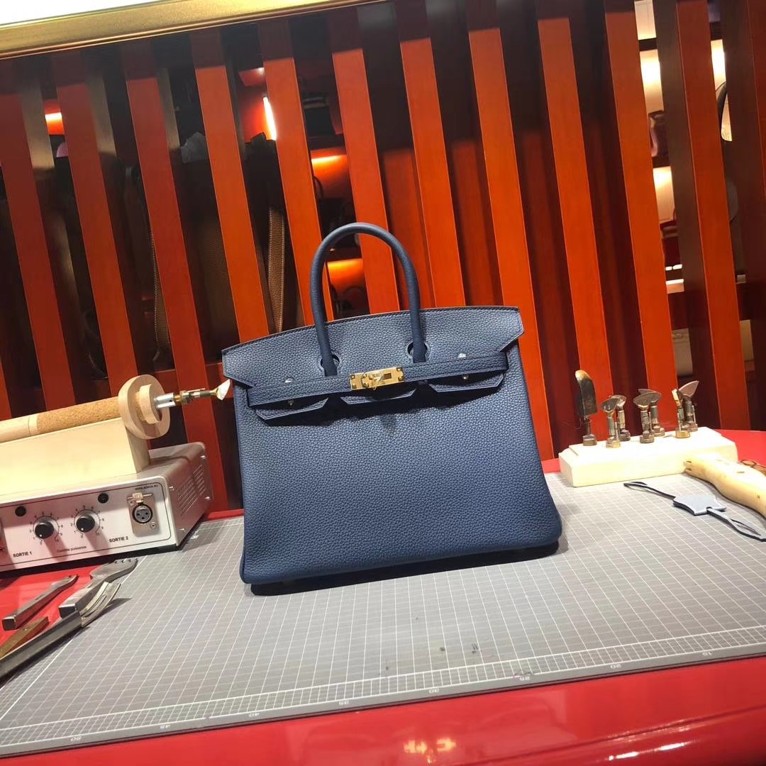 Hermes Birkin25CM 爱马仕法国顶级Togo牛皮铂金包 73宝石蓝 金扣