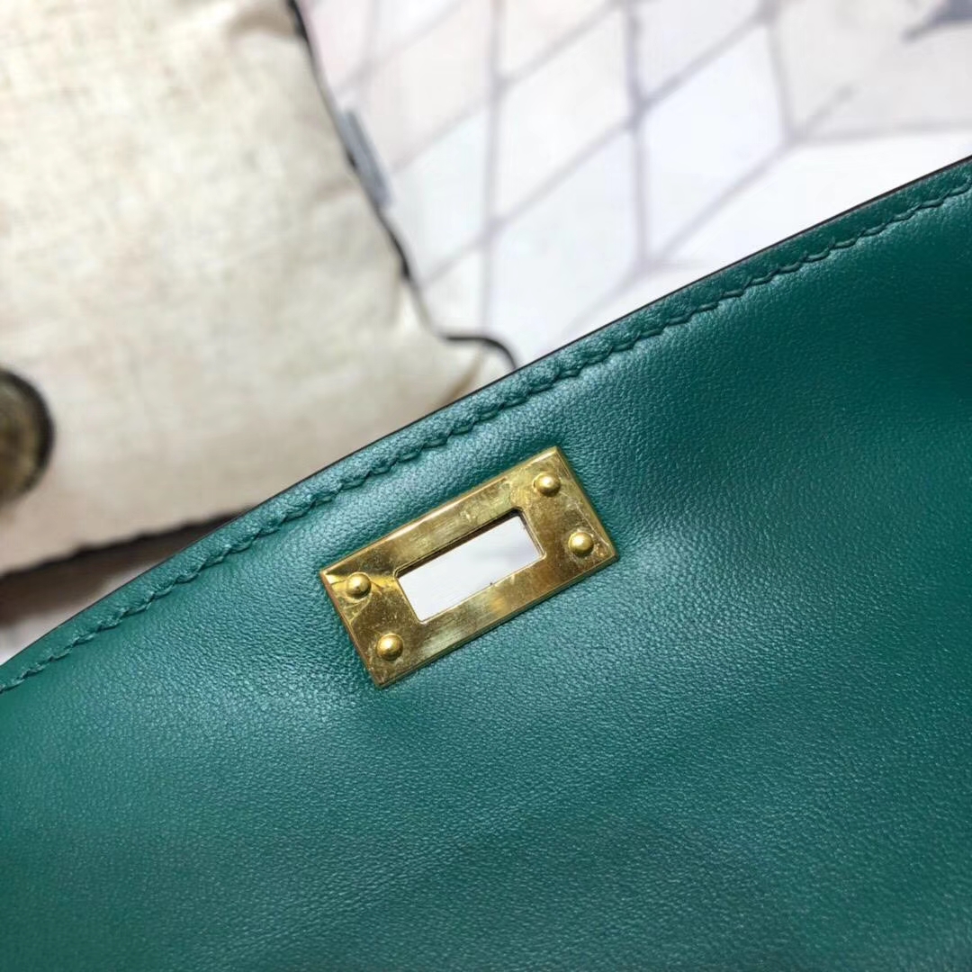 Hermes Minikelly2代 爱马仕孔雀绿原厂 御用掌纹牛皮迷你凯莉包2代 金扣