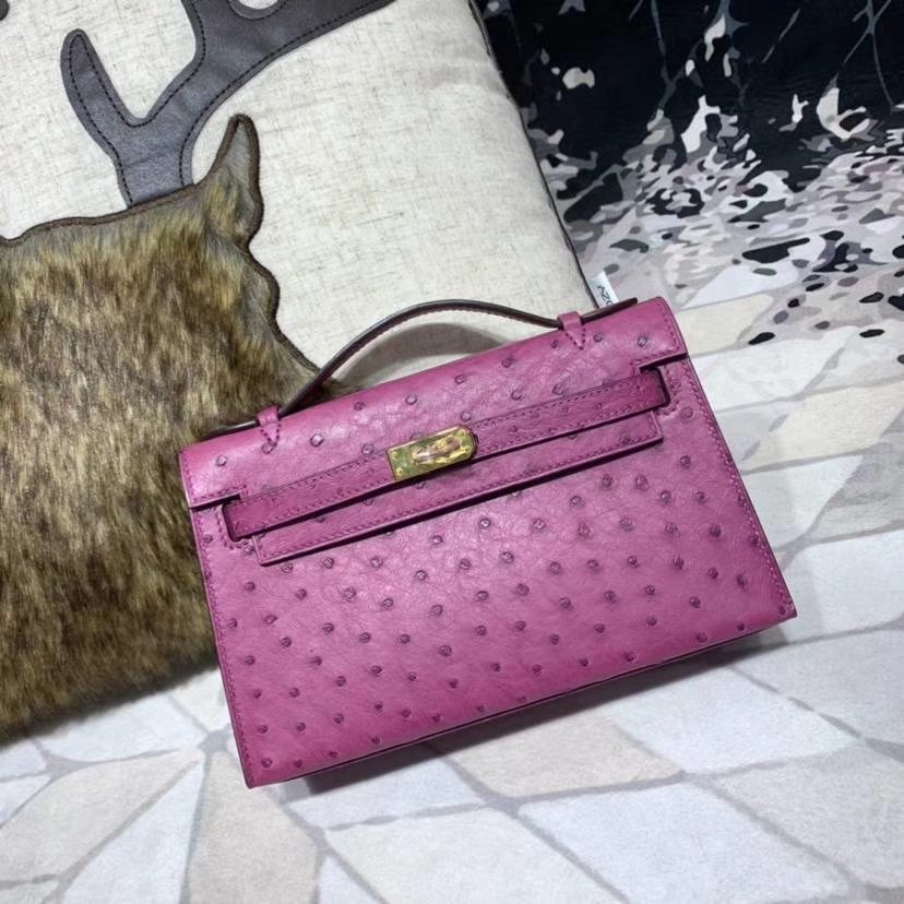 Hermes Minikelly Pochette22CM 爱马仕南非鸵鸟皮迷你凯莉包 梅紫色 金扣