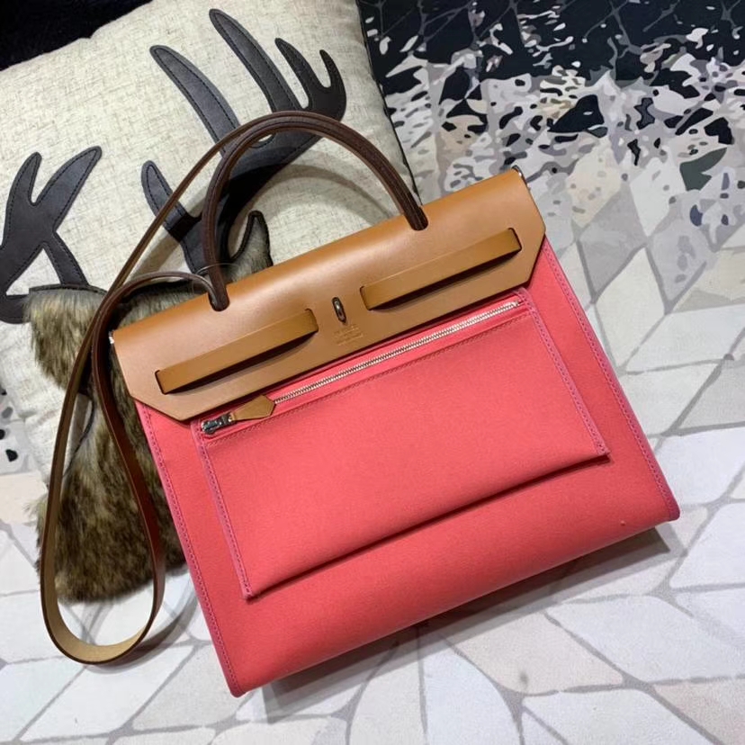 Hermes Herbag31CM 爱马仕唇膏粉帆布拼马鞍皮休闲手提单肩包