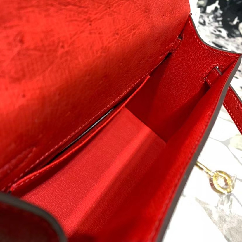 爱马仕迷你凯莉包 Hermes Minikelly Pochette22CM 51中国红南非鸵鸟皮 金扣