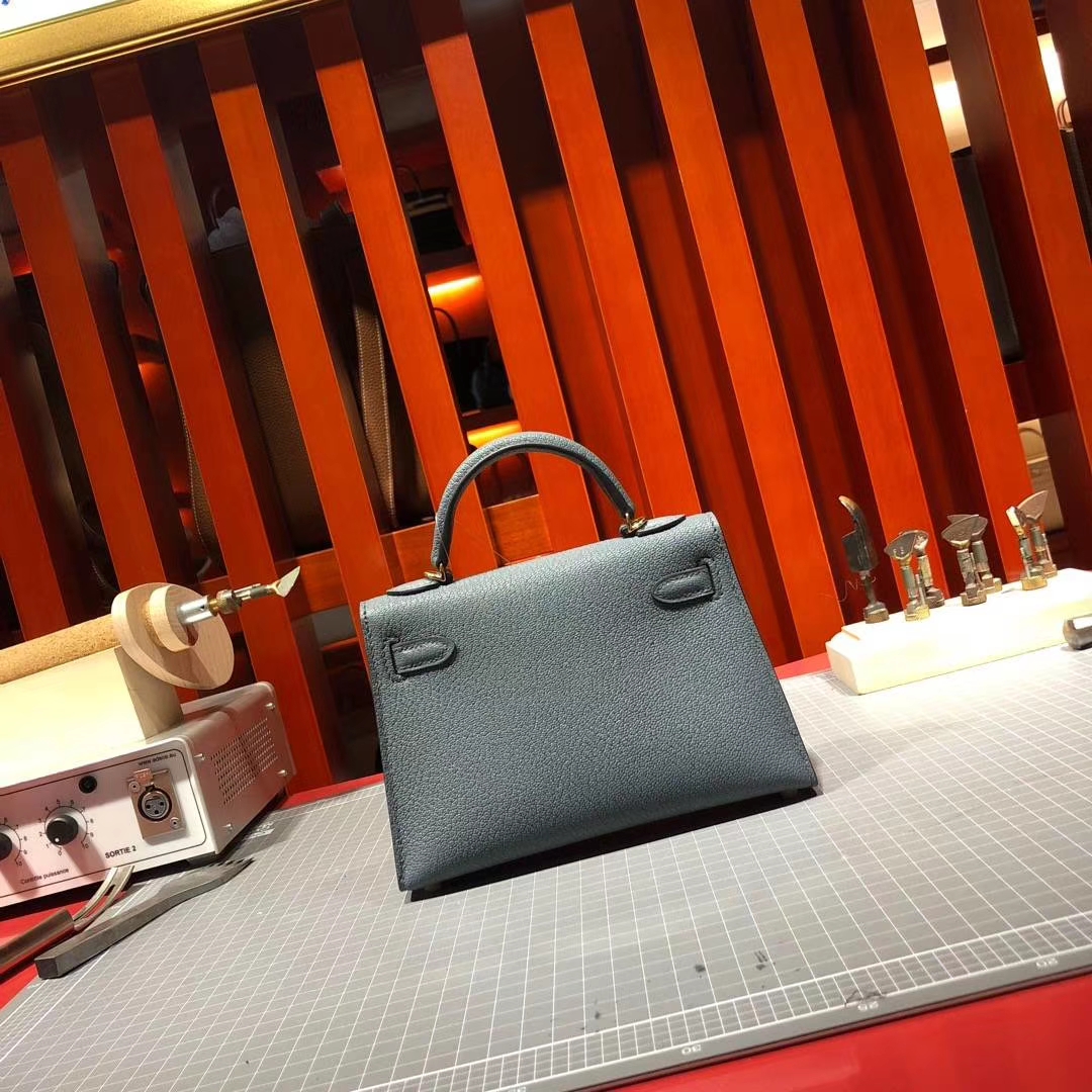 爱马仕迷你凯莉包2代 Hermes Minikelly2代 N7风暴蓝顶级山羊皮 金扣