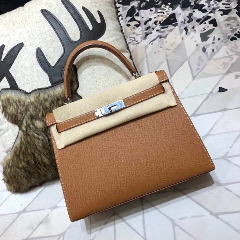 Hermes Kelly28CM 爱马仕土黄色顶级掌纹牛皮凯莉包Kelly女包 银扣