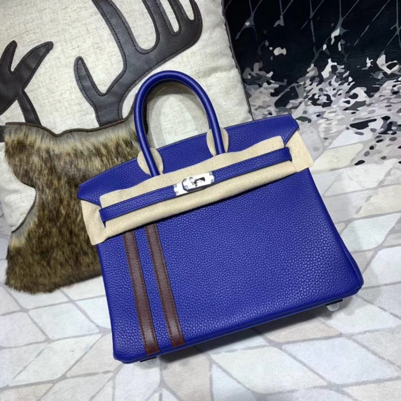 爱马仕新款竖条铂金包 Hermes Birkin25CM 电光蓝Togo牛皮 银扣