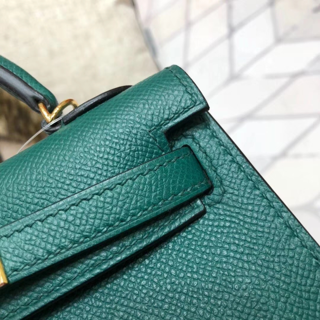 Hermes Minikelly2代 爱马仕孔雀绿原厂 御用掌纹牛皮迷你凯莉包2代 金扣