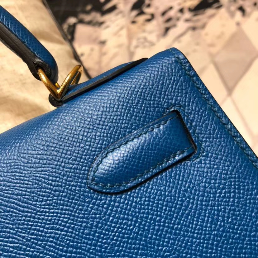 Hermes Kelly28CM 爱马仕经典女包 普鲁士蓝顶级掌纹牛皮外缝凯莉包 金扣