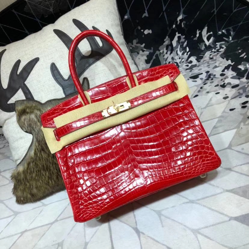 厂家直销 Hermes爱马仕Birkin30铂金包 法拉利红亮光尼罗鳄鱼皮 金扣