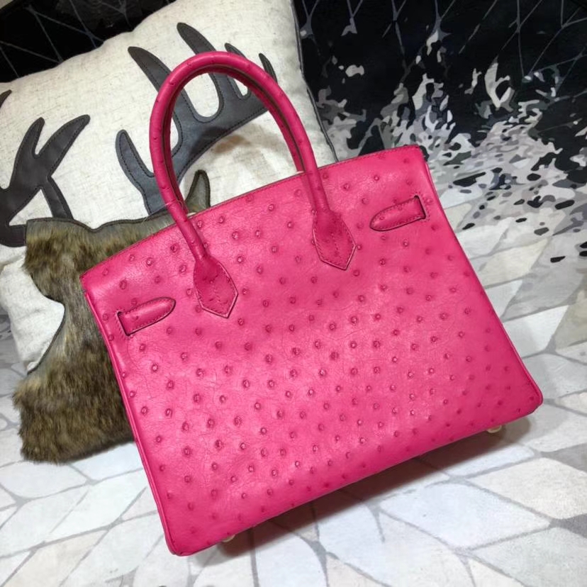 广州包包批发 Hermes爱马仕桃红色南非鸵鸟皮铂金包Birkin30CM 金扣