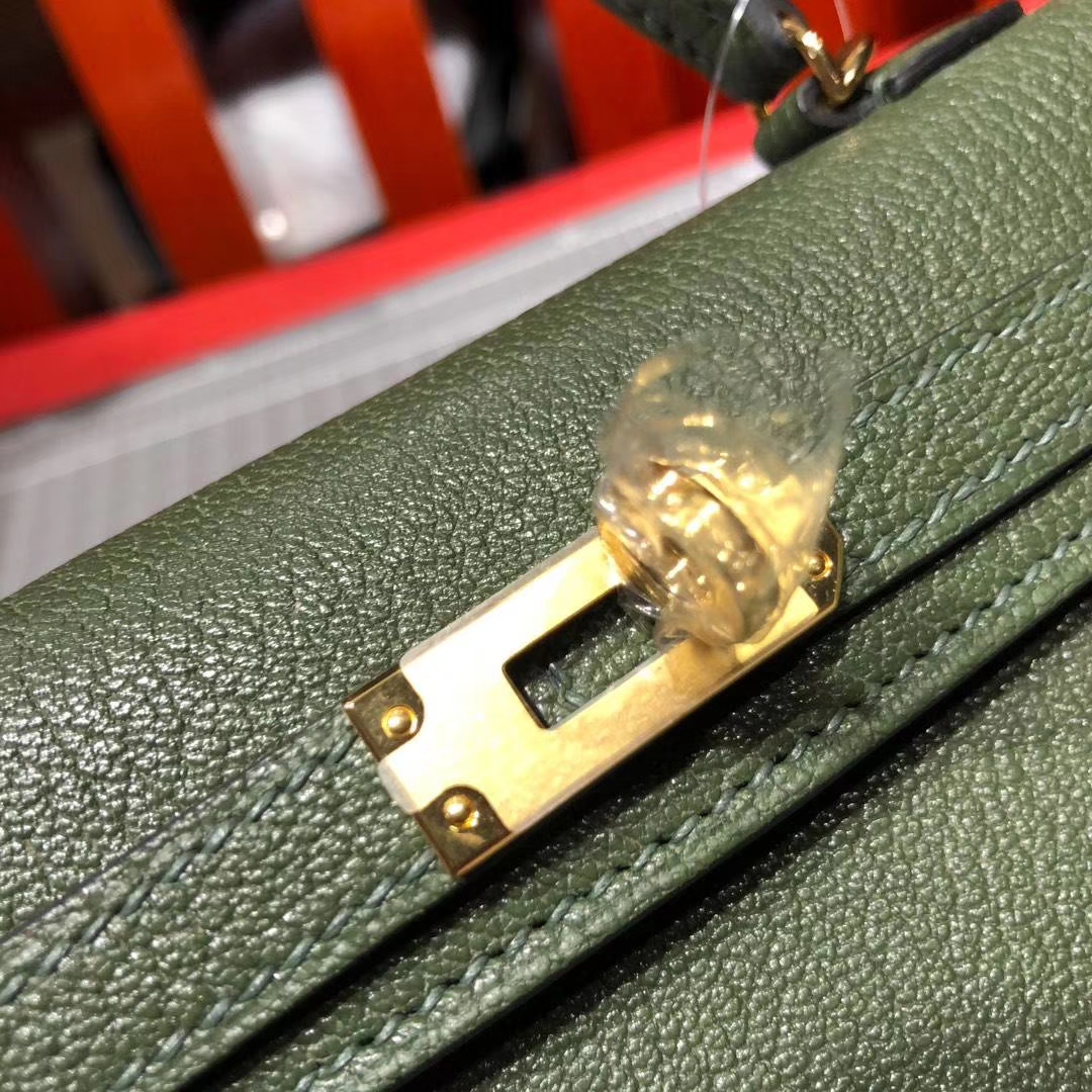 爱马仕Minikelly手包 Hermes原厂山羊皮迷你凯莉包2代 英国绿 金扣