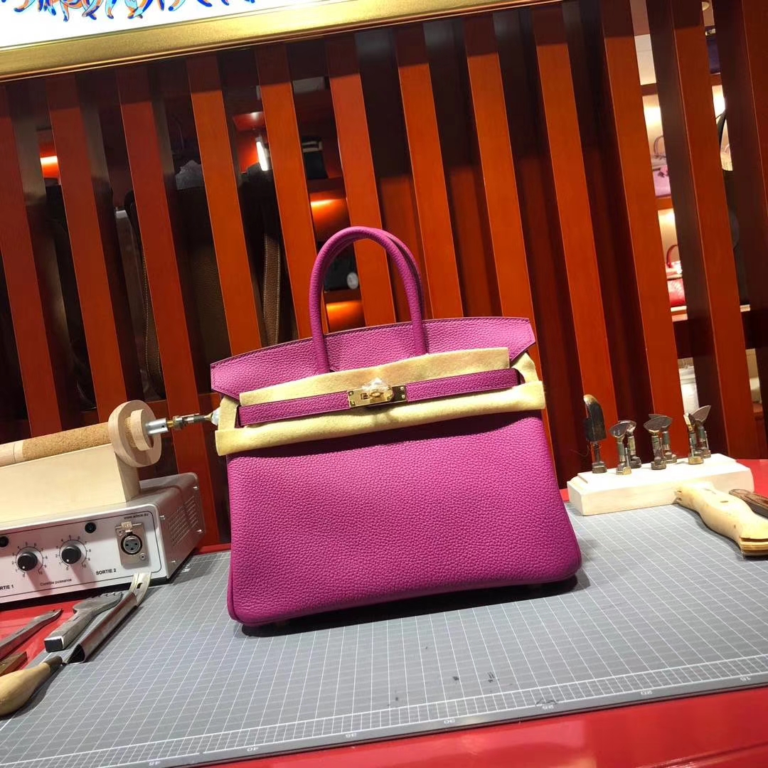 Hermes包包定制 爱马仕L3玫瑰紫法国顶级Togo皮铂金包Birkin25CM 金扣