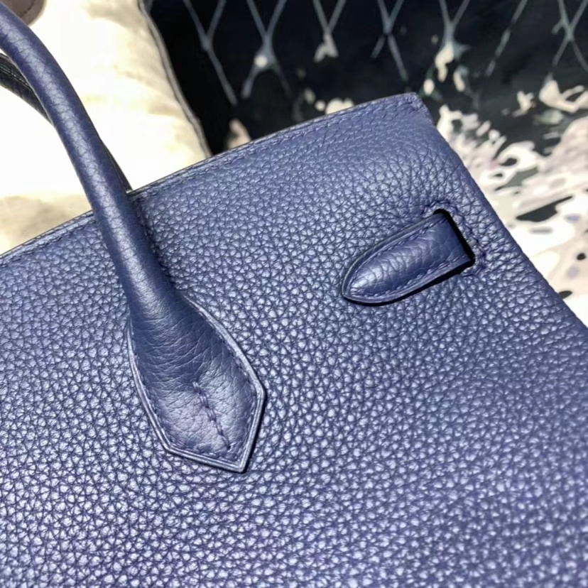 Hermes女包价格 爱马仕宝石蓝拼绿色Togo牛皮竖条铂金包Birkin25CM 银扣