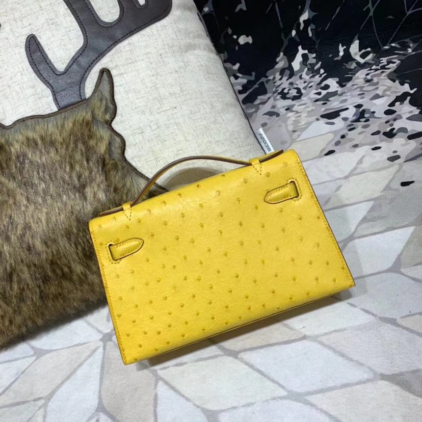 爱马仕迷你凯莉包价格 Hermes Minikelly22CM 琥珀黄南非鸵鸟皮 金扣