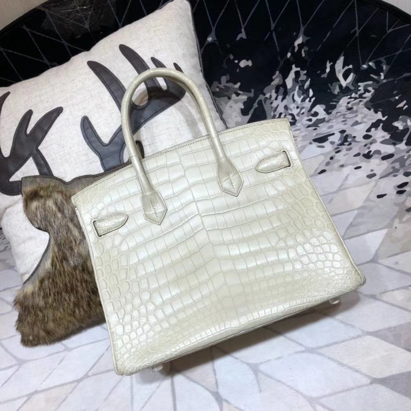 爱马仕铂金包价格 Hermes奶油灰亚光鳄鱼皮Birkin30CM 银扣