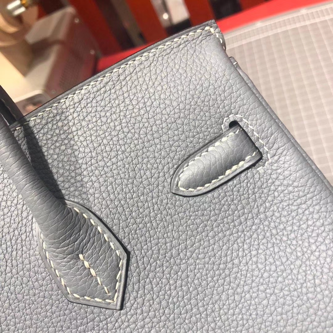 顶级工艺 Hermes爱马仕J7亚麻蓝原厂荔枝纹牛皮Birkin25CM铂金包 金扣