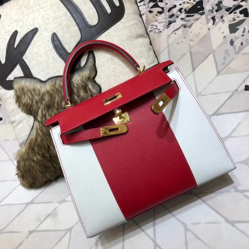 Hermes Kelly28CM 爱马仕拼色凯莉包 大红拼纯白色 掌纹牛皮 金扣