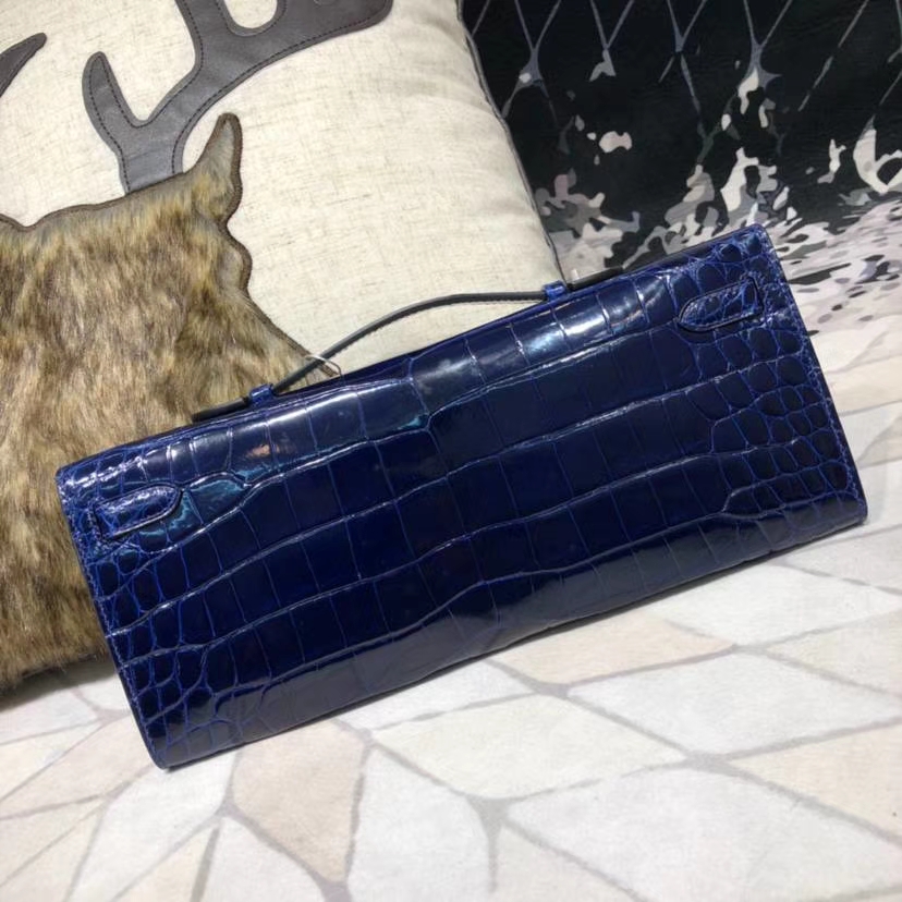 爱马仕晚宴包 Hermes Kelly Cut 电光蓝亮光尼罗鳄鱼皮手拿包 金扣