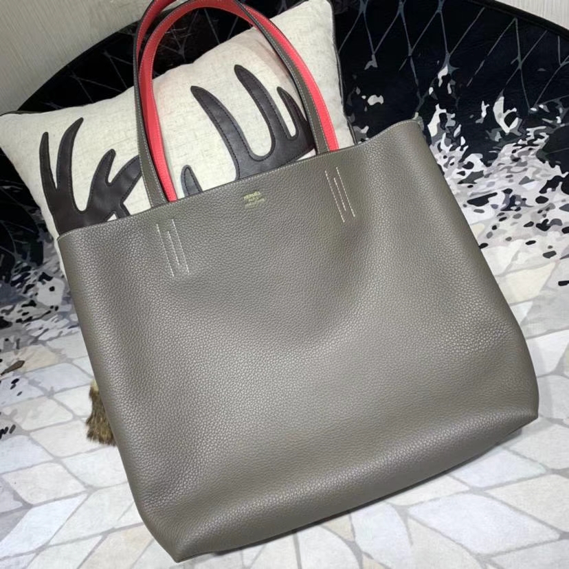 Hermes Double Sens 爱马仕锡器灰拼唇膏粉原厂Togo牛皮购物袋单肩女包