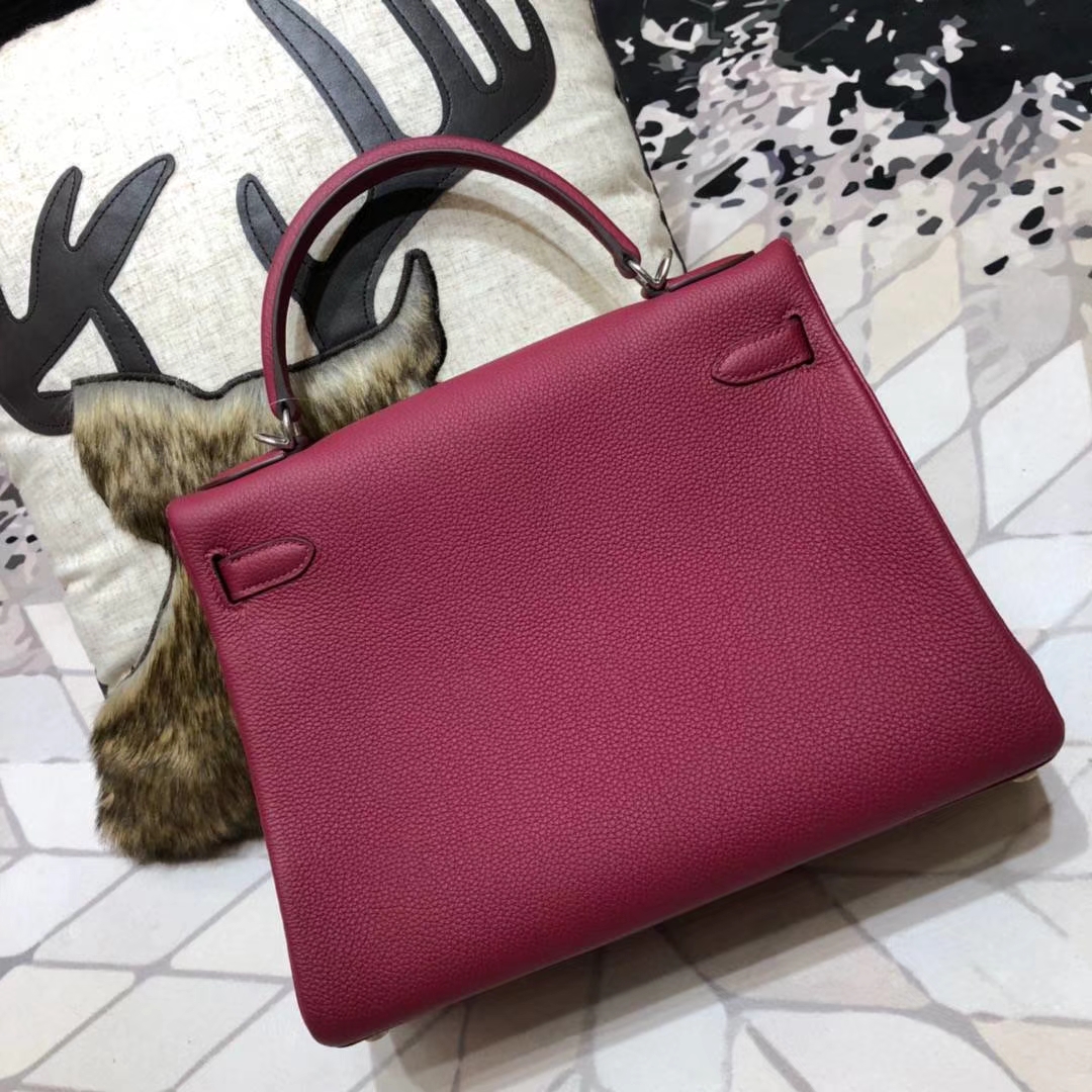 爱马仕Kelly女包 Hermes Kelly32CM 宝石红原厂Togo牛皮 银扣